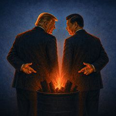 Eine illustrative Umsetzung von Donald Trump und Xi Jinping, welche an einer Feuerquelle stehen