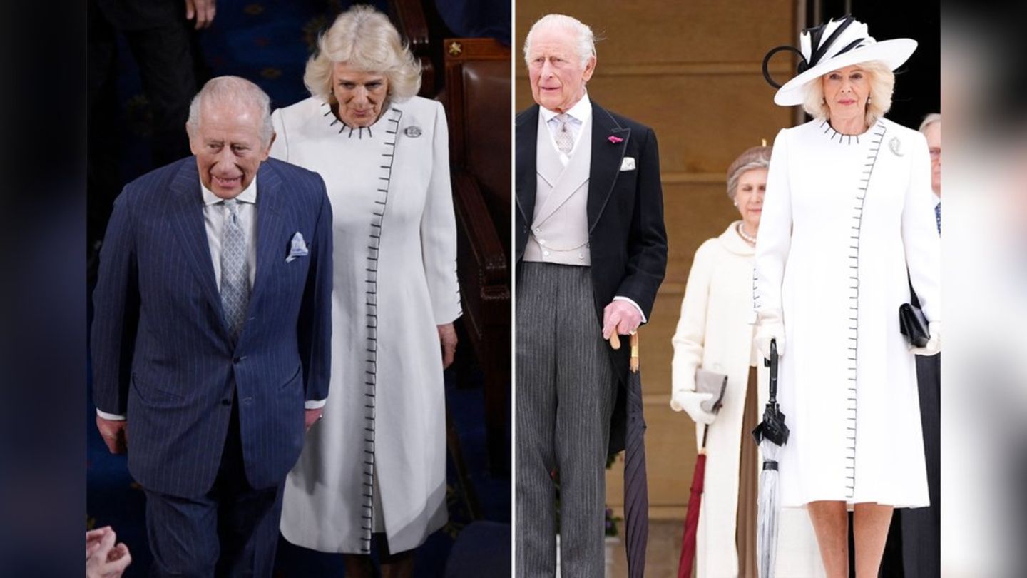 Königin Camilla im Kongress (li.) und bei der Gartenparty.