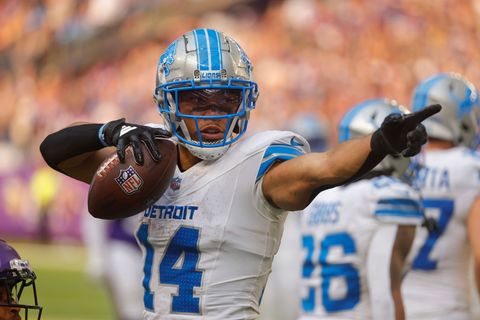 Amon-Ra St. Brown freut sich auf das NFL-Heimspiel mit den Detroit Lions in München. (Archivbild) Foto: Bruce Kluckhohn/AP/dpa