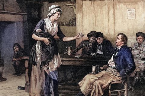 Tradwife in Yesteryear: Eine gemalte Szene mit Hausfrau und Männern in einer Küche