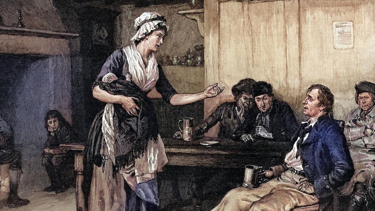 Tradwife in Yesteryear: Eine gemalte Szene mit Hausfrau und Männern in einer Küche
