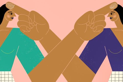Illustration Frauen deuten mit Finger auf Kopf