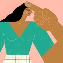 Illustration Frauen deuten mit Finger auf Kopf
