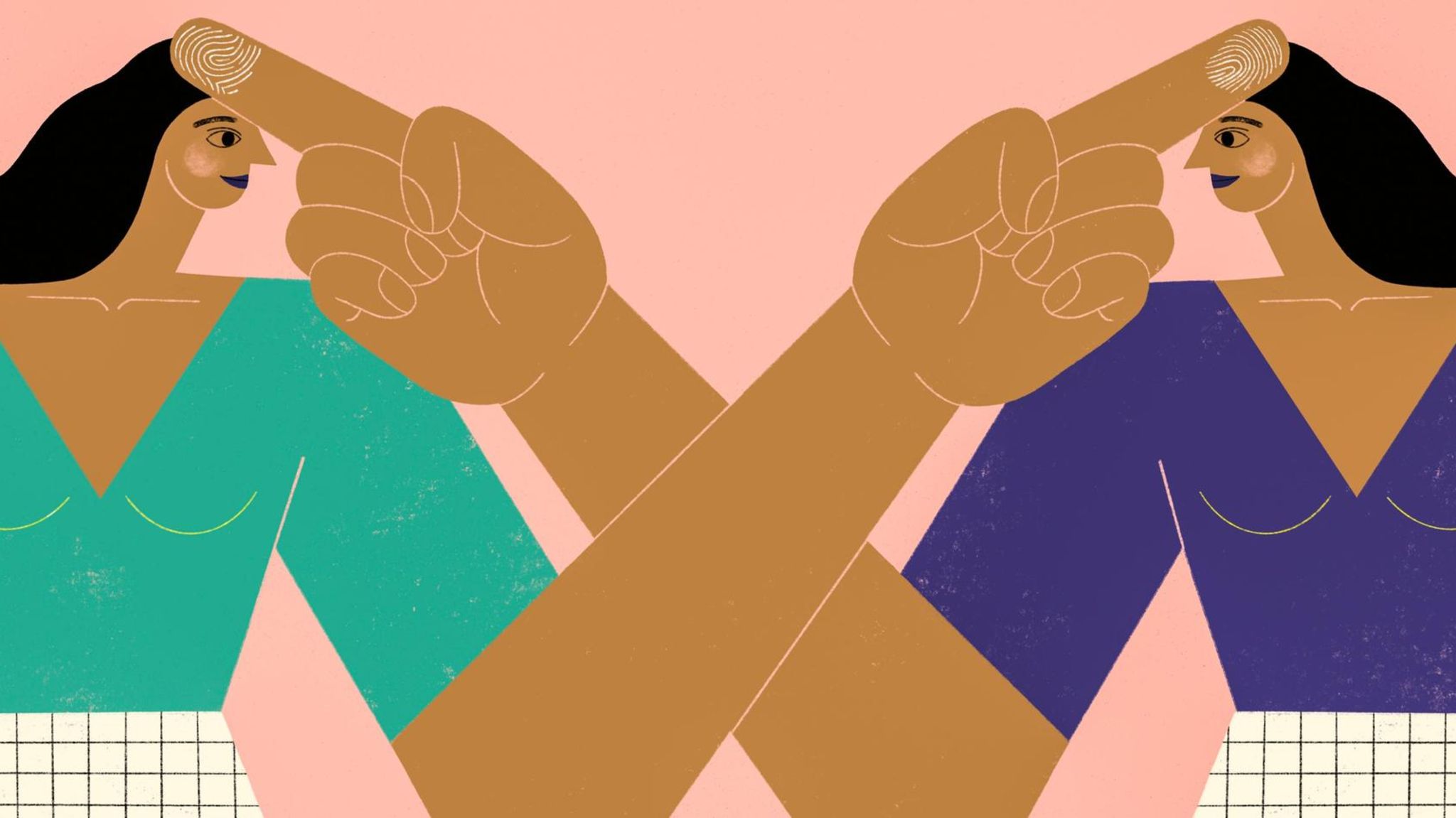 Illustration Frauen deuten mit Finger auf Kopf