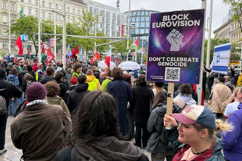 Der Protest richtet sich gegen die Teilnahme Israels am ESC. Foto: Britta Schultejans/dpa