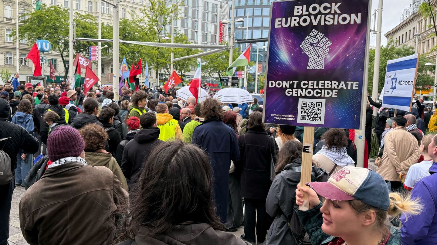 Der Protest richtet sich gegen die Teilnahme Israels am ESC. Foto: Britta Schultejans/dpa
