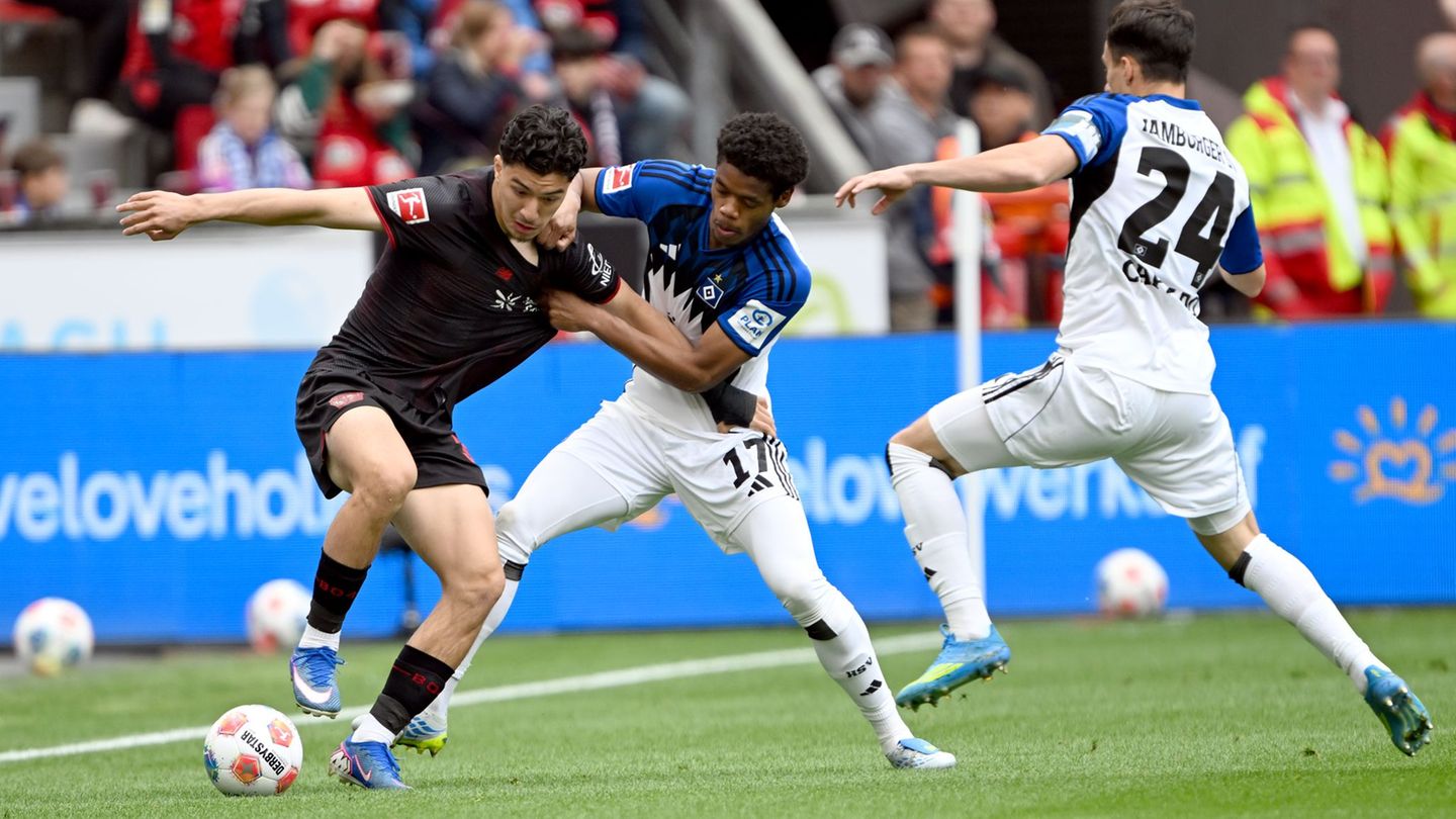 Kampf um den Ball: Leverkusen war gegen den HSV gefordert. Foto: Federico Gambarini/dpa