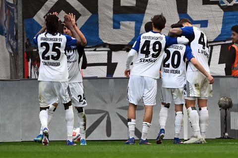 Bejubelten Vieiras Führung: Die HSV-Profis. Foto: Federico Gambarini/dpa