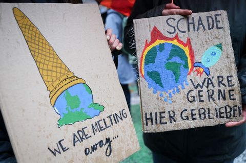 Auf einem Klimaprotest machen Plakate auf die eskalierende Krise aufmerksam. (Symbolbild) Foto: Christian Charisius/dpa