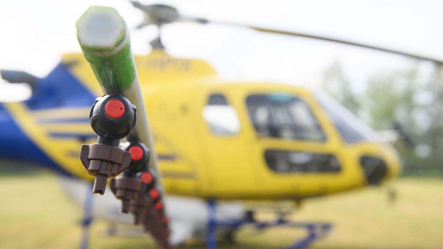 Mit Düsen sprüht ein Hubschrauber ein Bekämpfungsmittel auf Gebiete, die vom Eichenprozessionsspinner befallen sind. (Archivbild