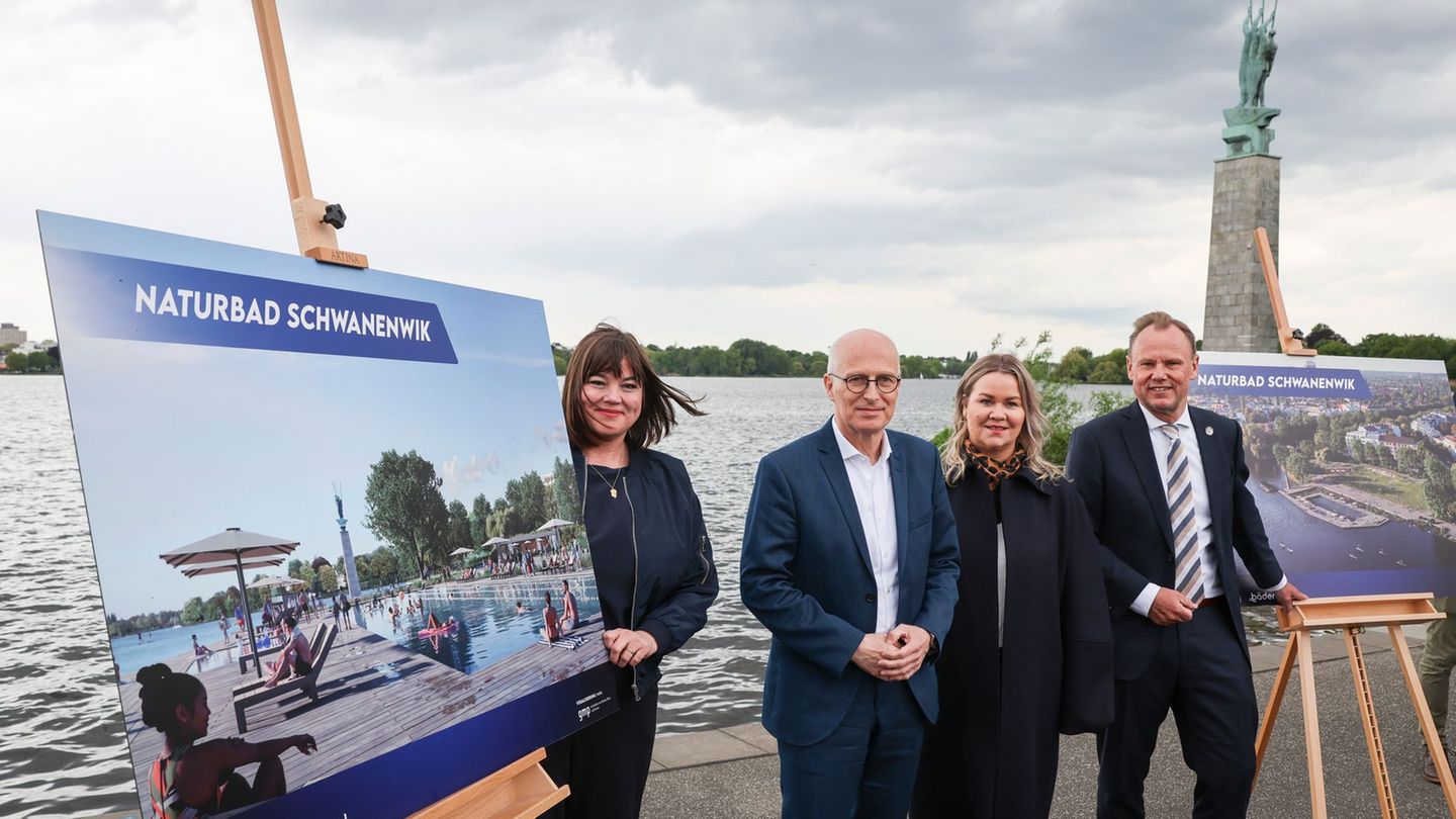 Den Entwurf zum Naturbad Schwanenwik in der Alster stellen Umweltsenatorin Katharina Fegebank, Bürgermeister Peter Tschentscher,
