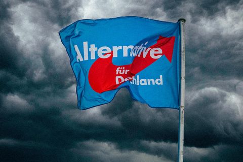 Eine AfD-Fahne vor dunklen Wolken