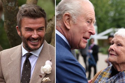 König Charles traf Judi Dench und Sir David Beckham - mit seiner eigenen Rose im Knopfloch - bei der Chelsea Flower Show.