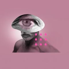 Illustration: Auge, Mann mir rotem Netz auf dem Auge