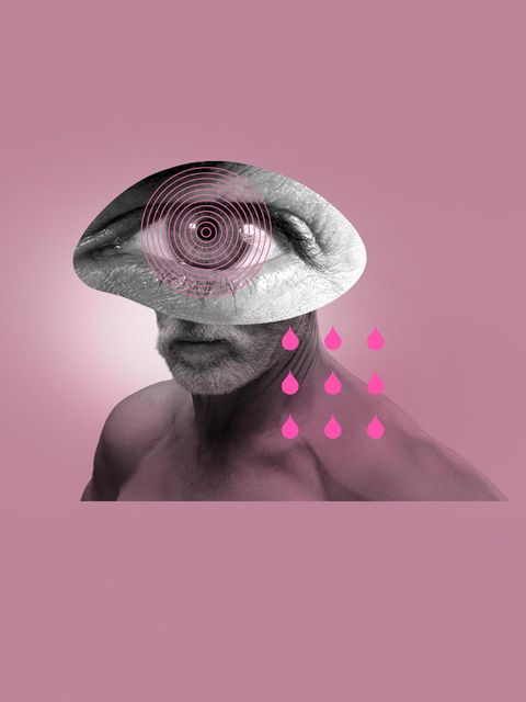 Illustration: Auge, Mann mir rotem Netz auf dem Auge