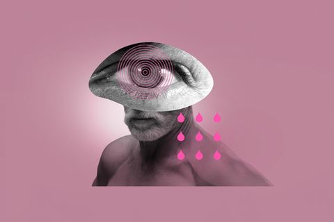 Illustration: Auge, Mann mir rotem Netz auf dem Auge