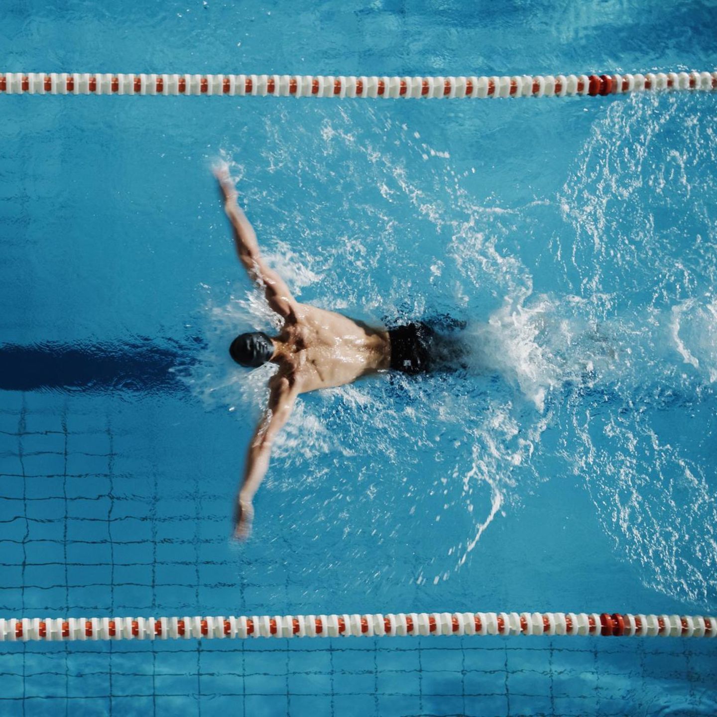 Vogelperspektive auf einen Mann, der im Delfin-Stil schwimmt
