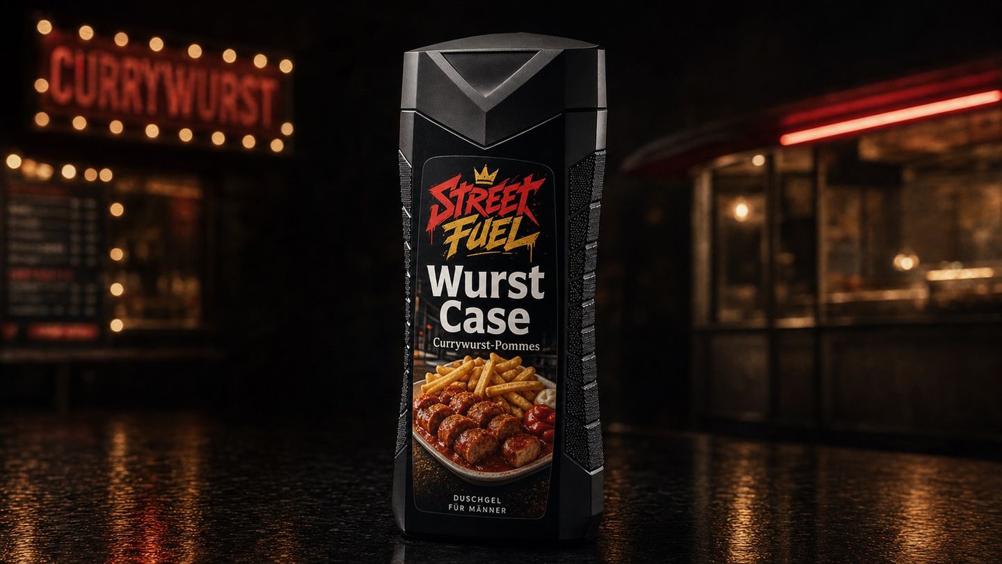 Fantasieverpackung eines Duschgels mit der Aufschritt Wurst Case
