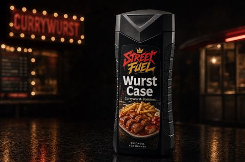 Fantasieverpackung eines Duschgels mit der Aufschritt Wurst Case