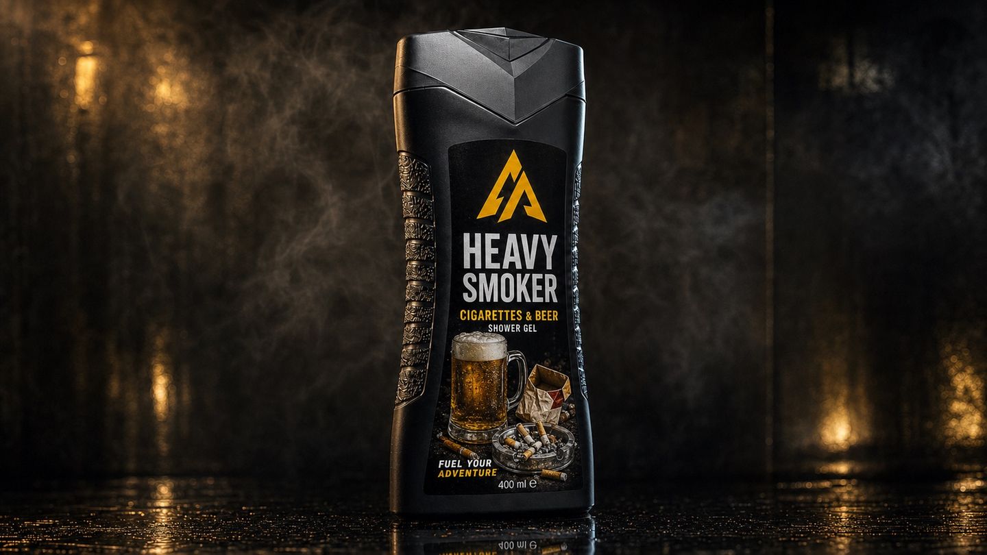 Fantasieverpackung eines Duschgels mit der Aufschritt Heavy Smoker