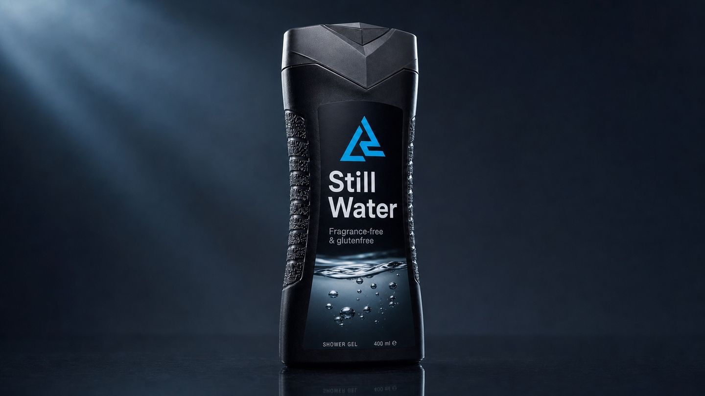 Fantasieverpackung eines Duschgels mit der Aufschritt Still Water