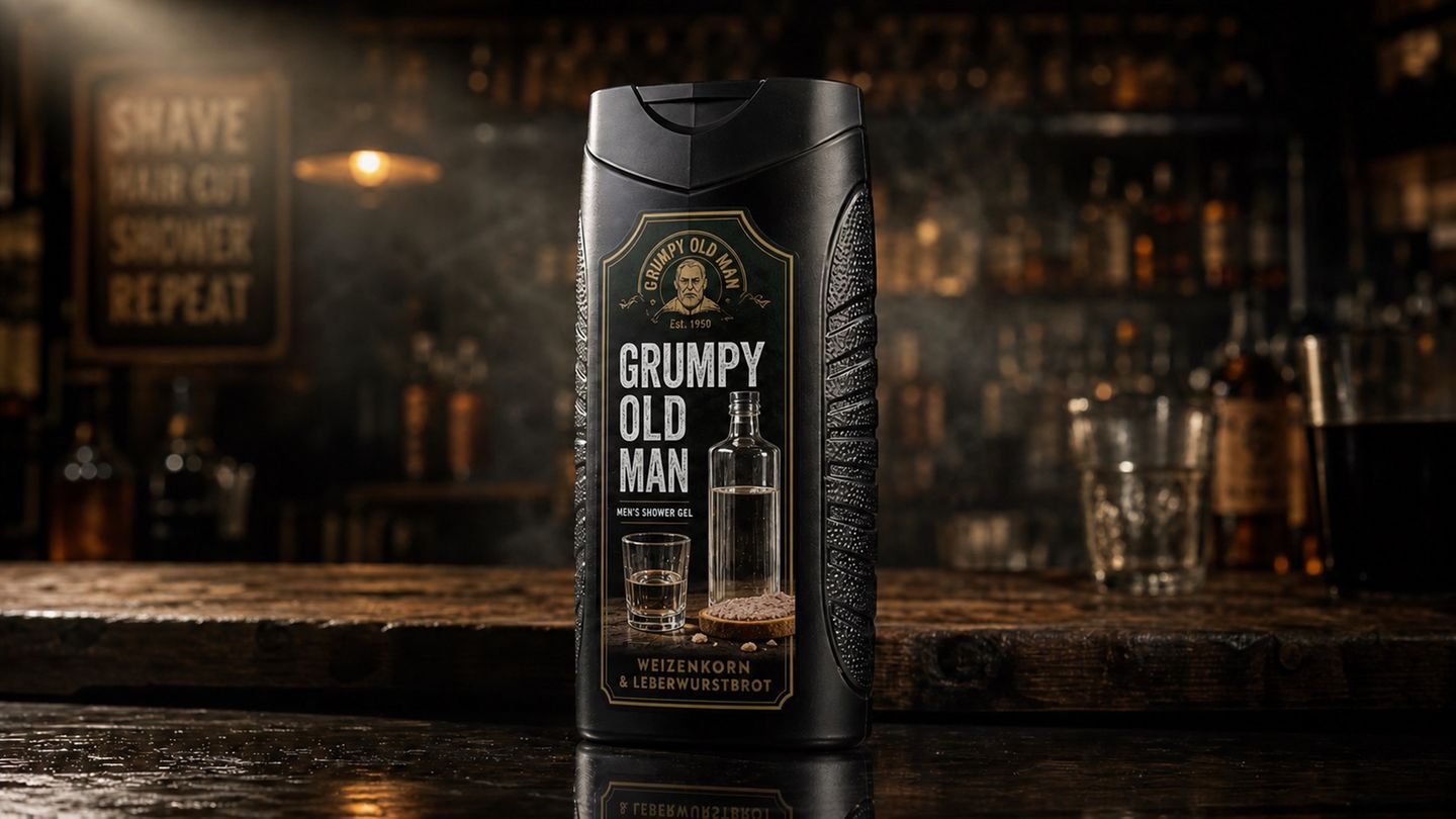 Fantasieverpackung eines Duschgels mit der Aufschritt Grumpy old man