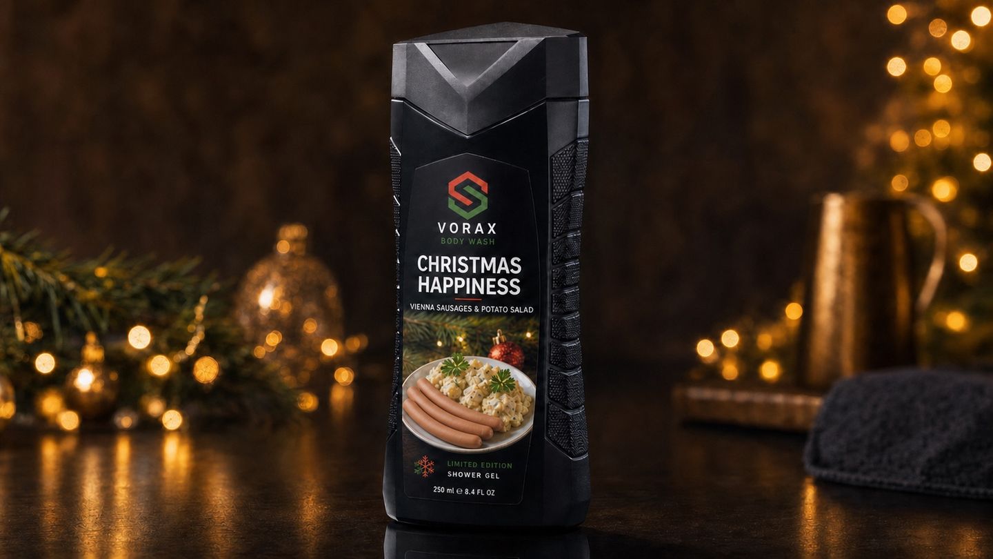 Fantasieverpackung eines Duschgels mit der Aufschritt Christmas Happiness