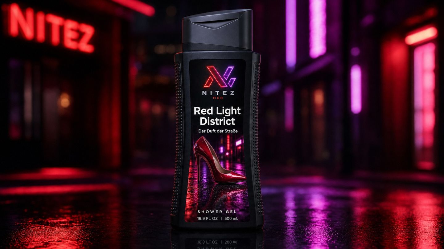 Fantasieverpackung eines Duschgels mit der Aufschritt Red Light District