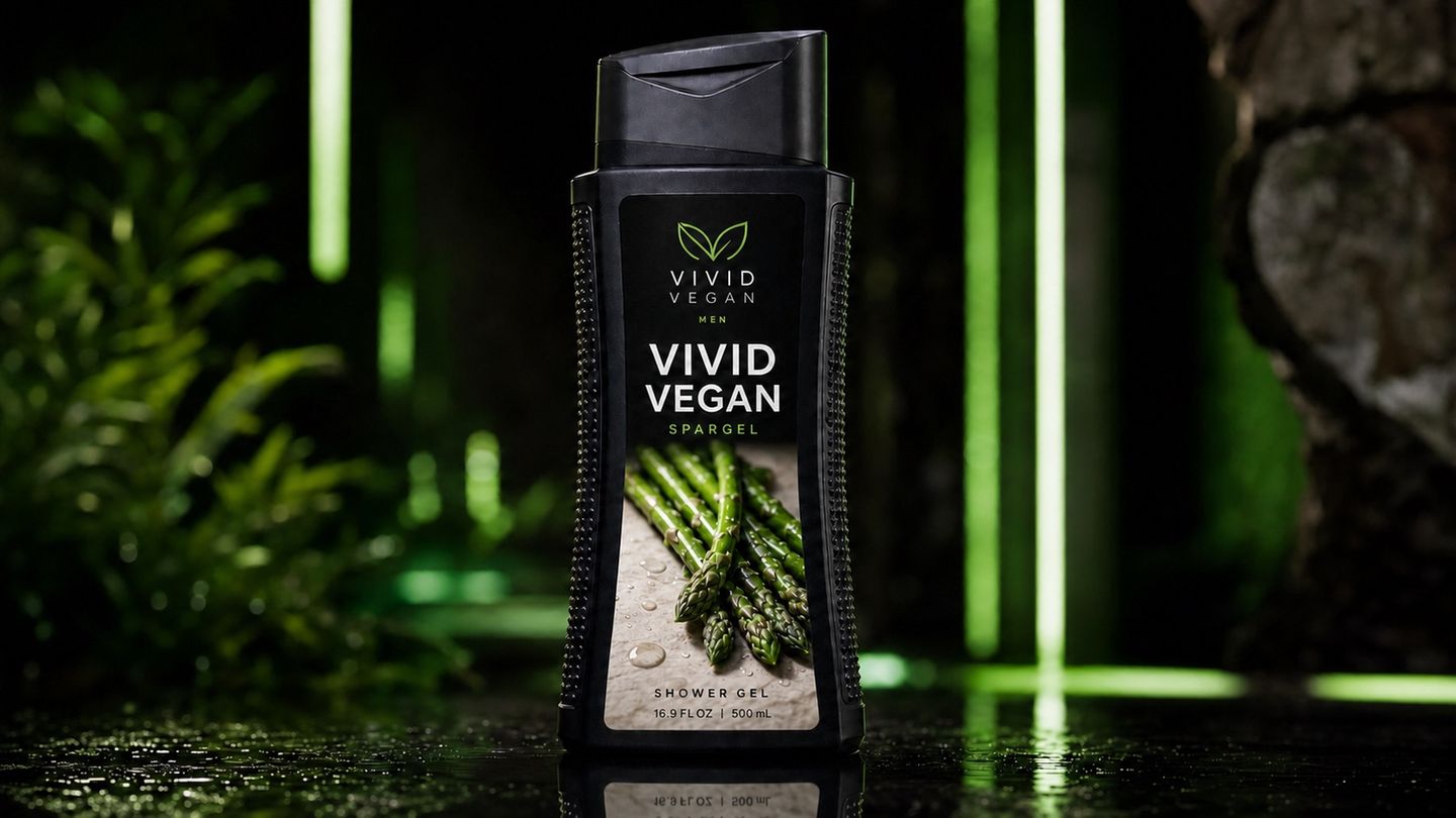Fantasieverpackung eines Duschgels mit der Aufschritt Vivid Vegan