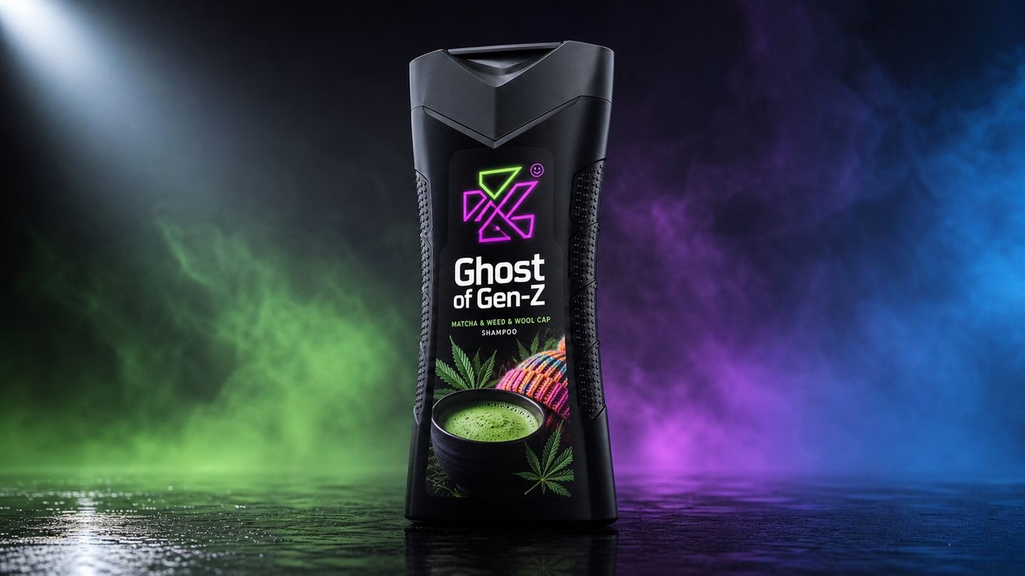 Fantasieverpackung eines Duschgels mit der Aufschritt Ghost of Gen-Z