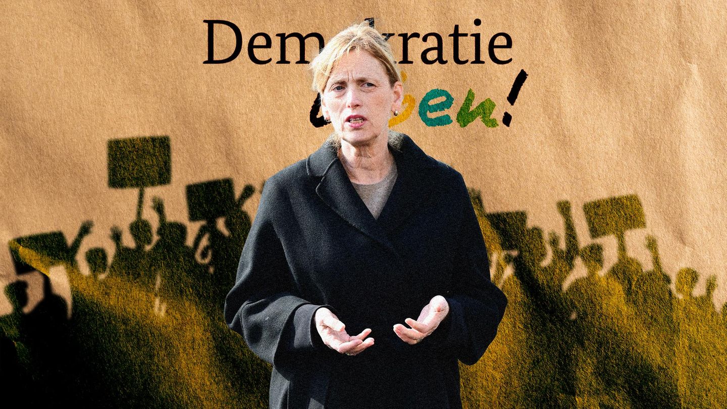 Montage: Karin Prin vor einer protestierenden Menge.