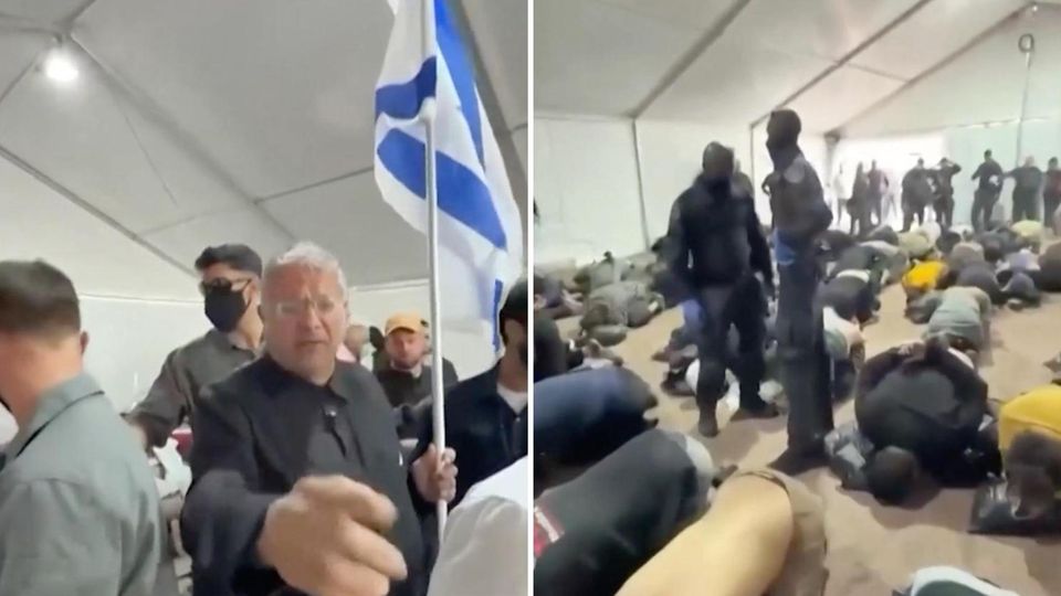 Israel-Minister (l.) zeigt auf kniende Gaza-Aktivisten (r.)