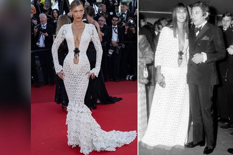 Bella Hadid (li.) sowie Jane Birkin und Serge Gainsbourg in Cannes.