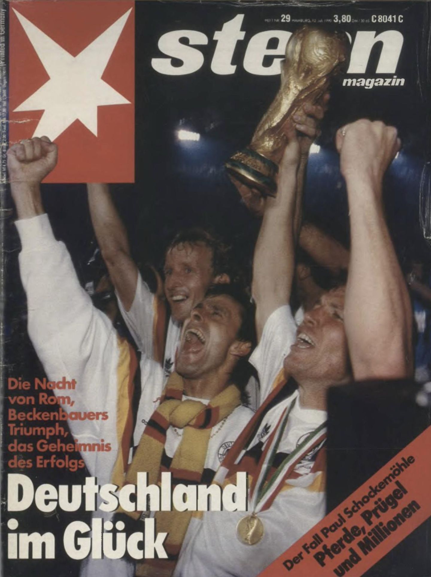 „Die Nacht von Rom“, 8. Juli 1990: Im Jahr der Wiedervereinigung erlebt die Bundesrepublik einen kollektiven Freudentaumel. Durch einen umstrittenen Foulelfmeter schließt Andreas Brehme kurz vor Ende der Spielzeit die DFB-Elf gegen Argentinien zum WM-Pokal. „Deutschland im Glück“, titelt der stern.