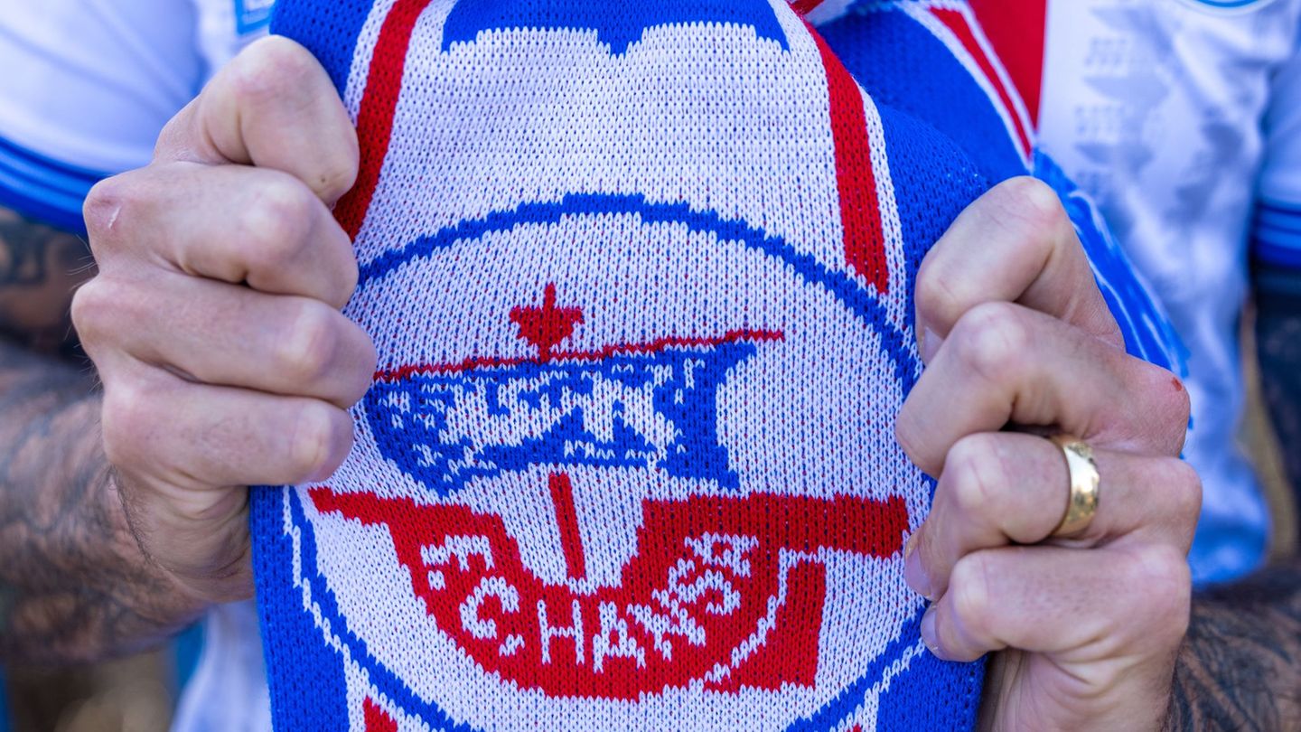 Ein Fan zeigt seinen Schal von Hans Rostock. (Symbolbild) Foto: Frank Hammerschmidt/dpa