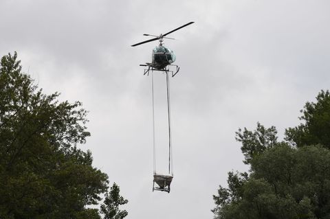 Von einem Helikopter aus verteilt die Kabs den Wirkstoff Bti gegen Larven. (Archivbild) Foto: Uli Deck/dpa
