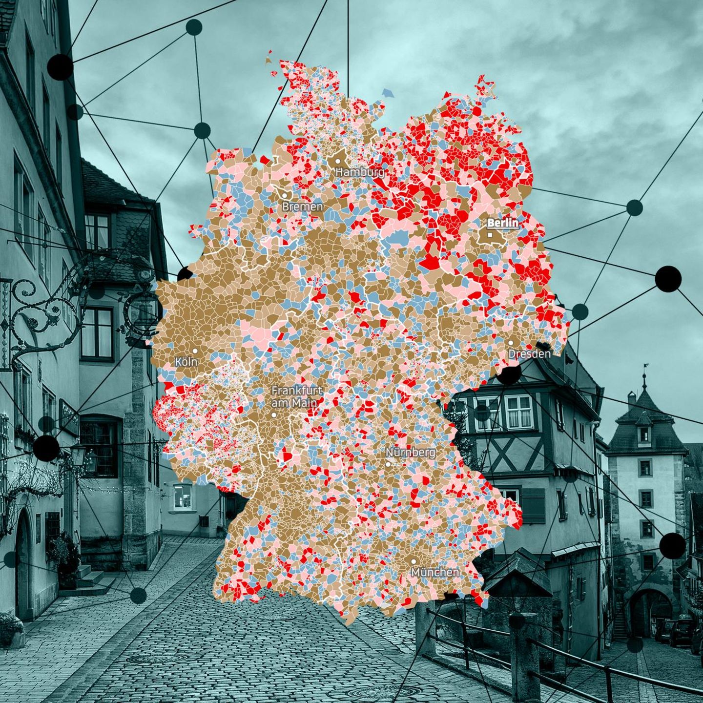Eine Montage mit einer Deutschland-Karte und einer dörflichen Strasse im Hintergrund