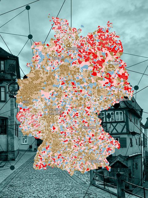 Eine Montage mit einer Deutschland-Karte und einer dörflichen Strasse im Hintergrund