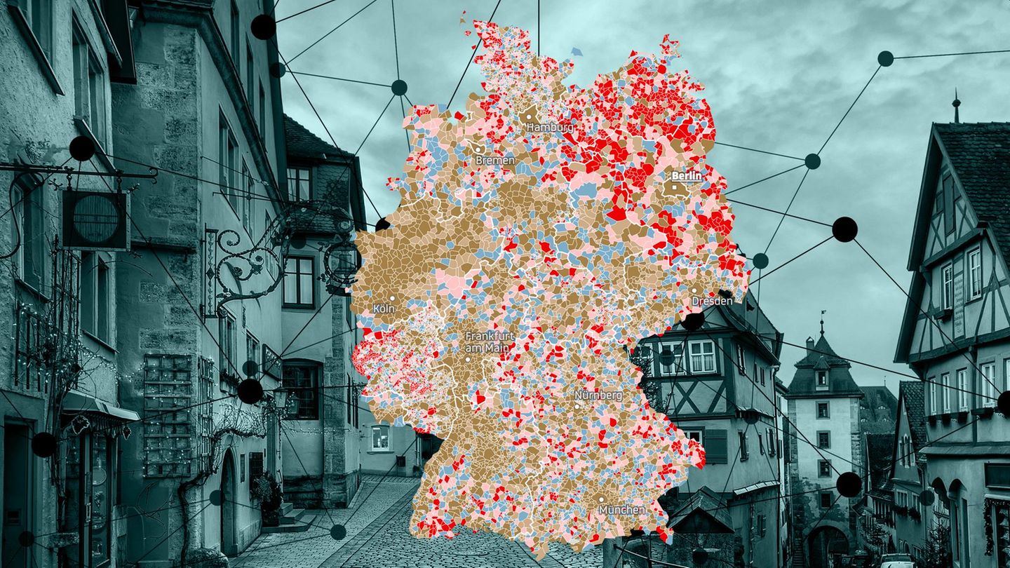 Eine Montage mit einer Deutschland-Karte und einer dörflichen Strasse im Hintergrund