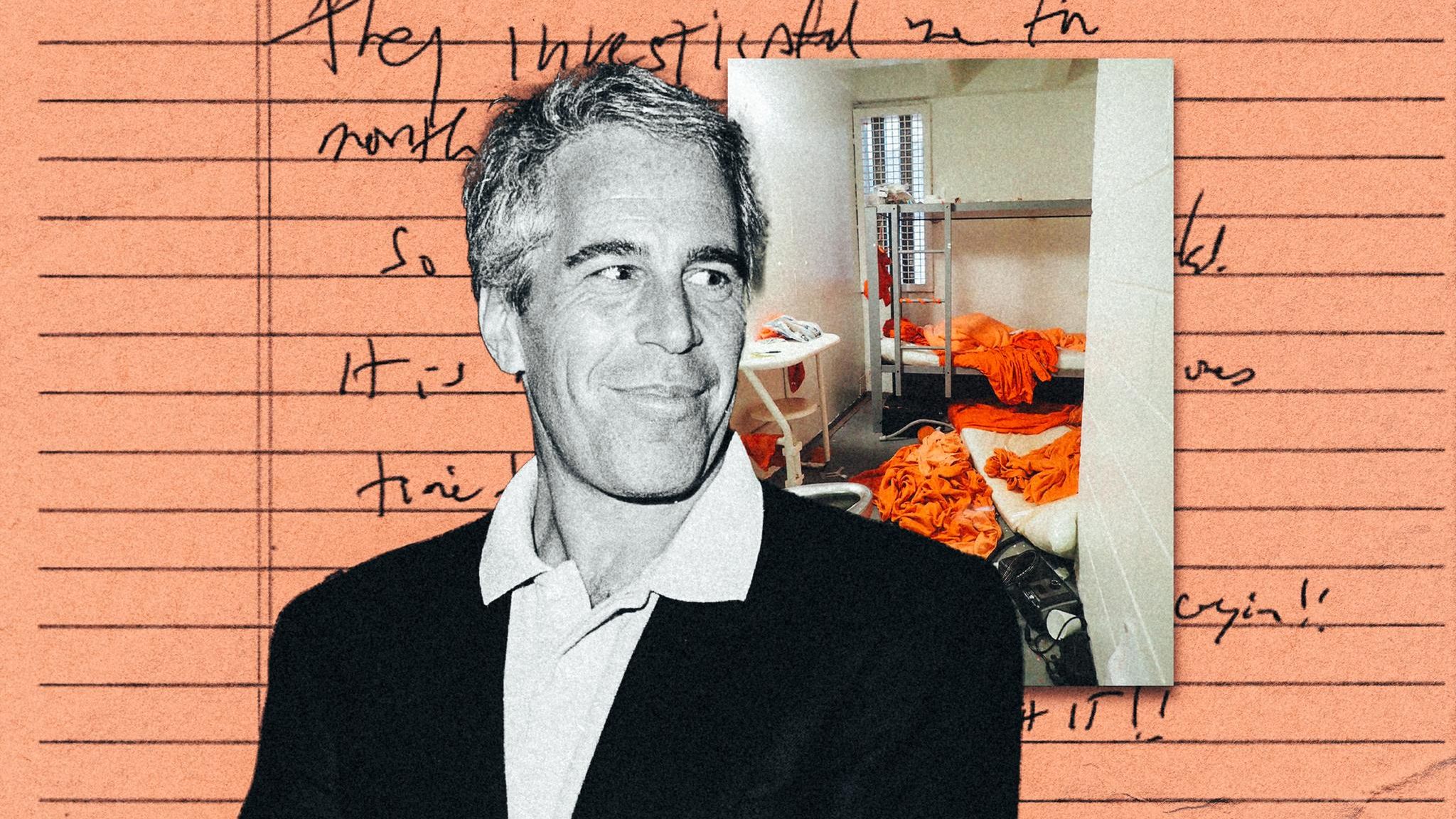 Montage: Epstein, ein Foto seiner Gefängniszelle und sein Abschiedsbrief