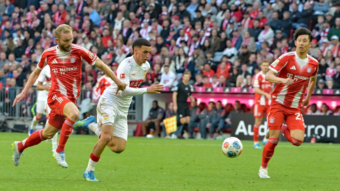 Stehen sich im Pokalfinale gegenüber: Stuttgarts Bilal El Khannouss und die Bayern-Profis Hiroki Ito und Konrad Laimer. (Archivb