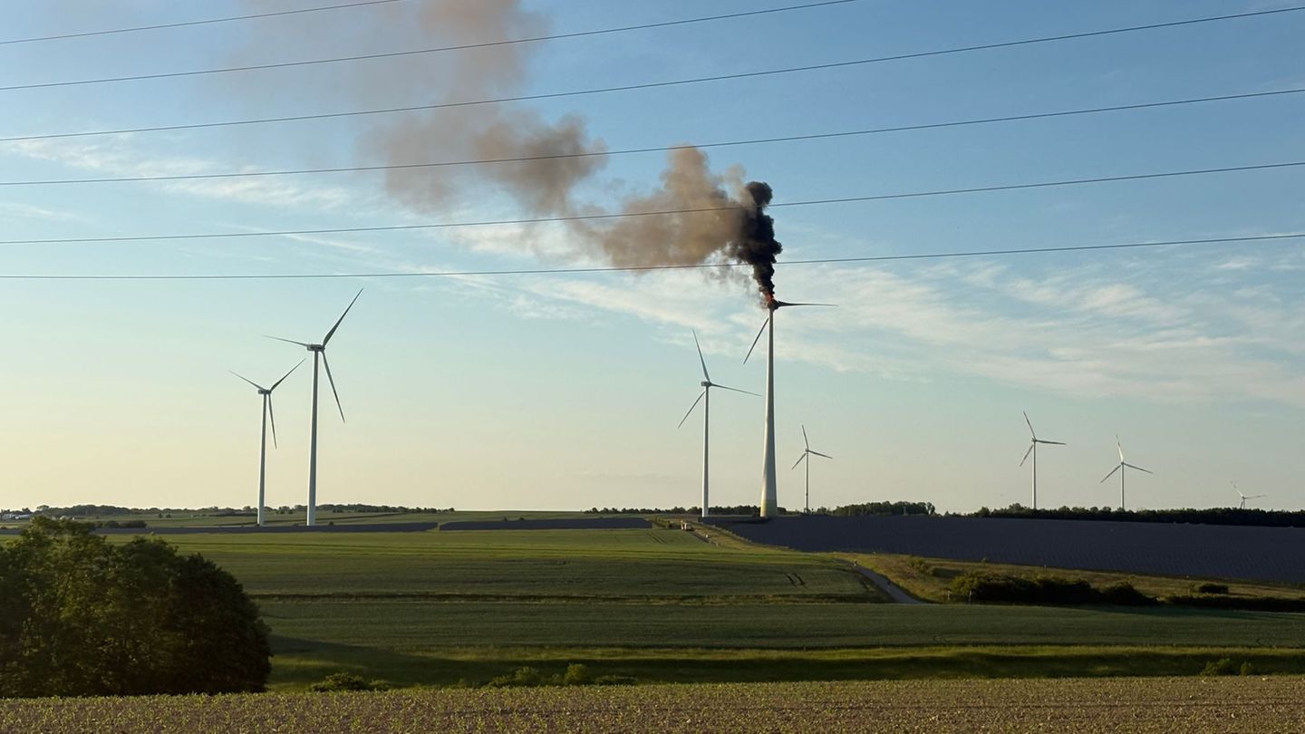Schwarzer Rauch ging vom Windrad an der A7 aus. Foto: Pascal Höfig/NEWS5/dpa