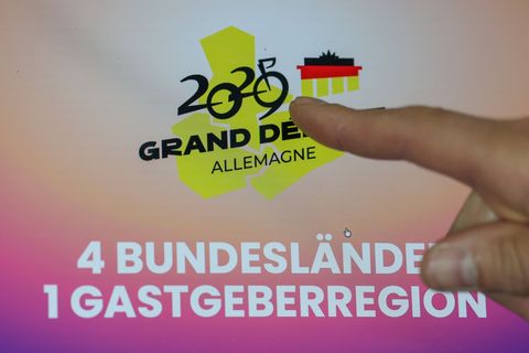 Das neue Logo „2029 Grand Depart“ für den geplanten Start der Tour de France 2029 in Ostdeutschland. Foto: Jan Woitas/dpa