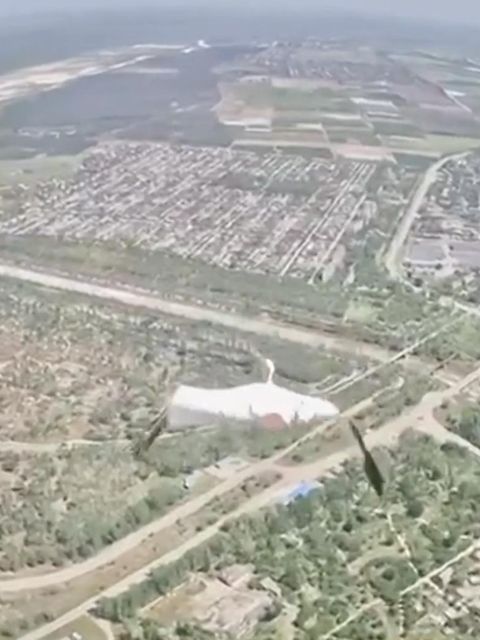 Eine russische Drohne verfolgt einen Storch.
