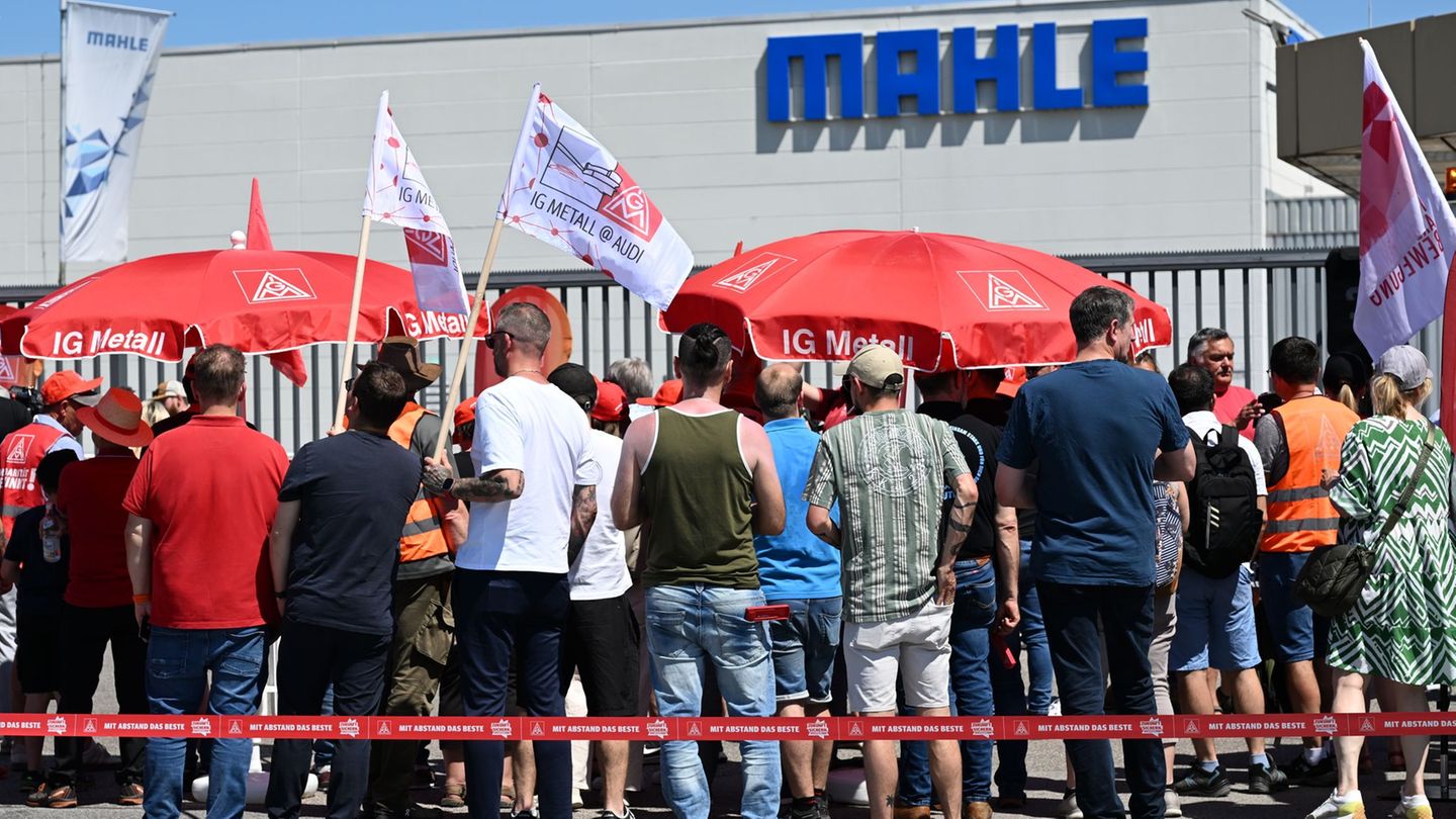 Beschäftigte des Autozulieferers Mahle nehmen vor dem Werk an einem unbefristeten Streik teil. Foto: Sven Hoppe/dpa