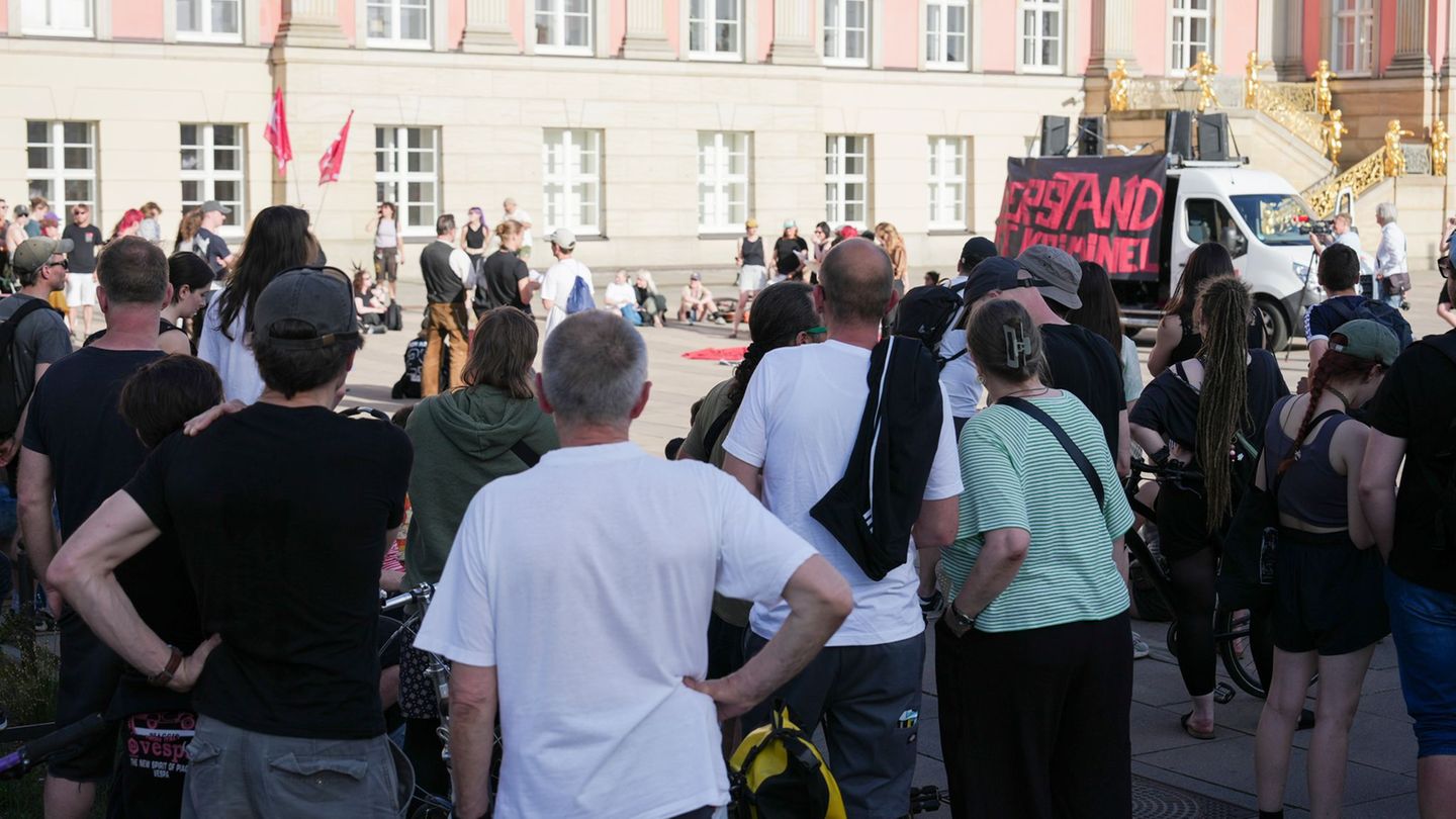 Hausbesetzer protestieren in Potsdam gegen die Räumung eines besetzten Hauses. Foto: Sven Kaeuler/dpa