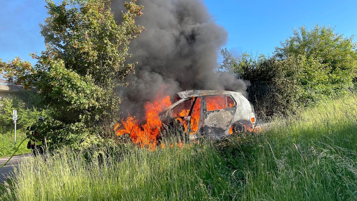 Der Wagen geriet nach dem Unfall in Brand - der Fahrer wurde schwer verletzt. Foto: -/Polizeidirektion Trier/dpa