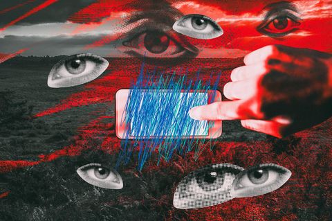 Montage einer Hand mit gekritzeltem blauen Strichen und Augenpaaren Großbritannien
