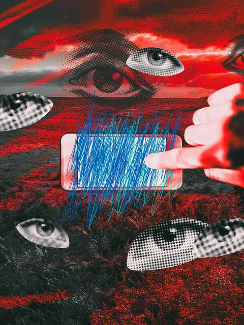 Montage einer Hand mit gekritzeltem blauen Strichen und Augenpaaren Großbritannien