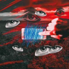 Montage einer Hand mit gekritzeltem blauen Strichen und Augenpaaren Großbritannien